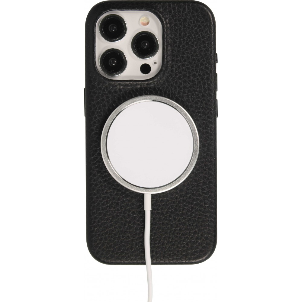 iPhone 15 Pro Max Case Hülle - Vollständig genarbtes Luxuskalbsleder mit Metallknöpfen und MagSafe - Schwarz
