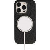 iPhone 15 Pro Max Case Hülle - Vollständig genarbtes Luxuskalbsleder mit Metallknöpfen und MagSafe - Schwarz