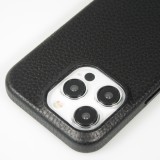 iPhone 15 Pro Max Case Hülle - Vollständig genarbtes Luxuskalbsleder mit Metallknöpfen und MagSafe - Schwarz