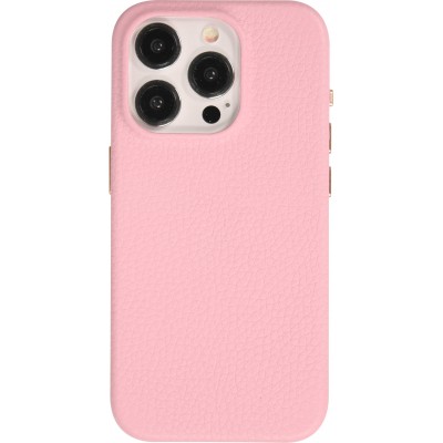 iPhone 14 Pro Max Case H&uuml;lle - Vollst&auml;ndig genarbtes Luxuskalbsleder mit Metallkn&ouml;pfen und MagSafe - Rosa