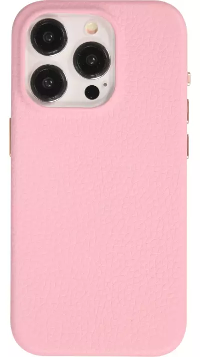 iPhone 15 Pro Max Case H&uuml;lle - Vollst&auml;ndig genarbtes Luxuskalbsleder mit Metallkn&ouml;pfen und MagSafe - Rosa