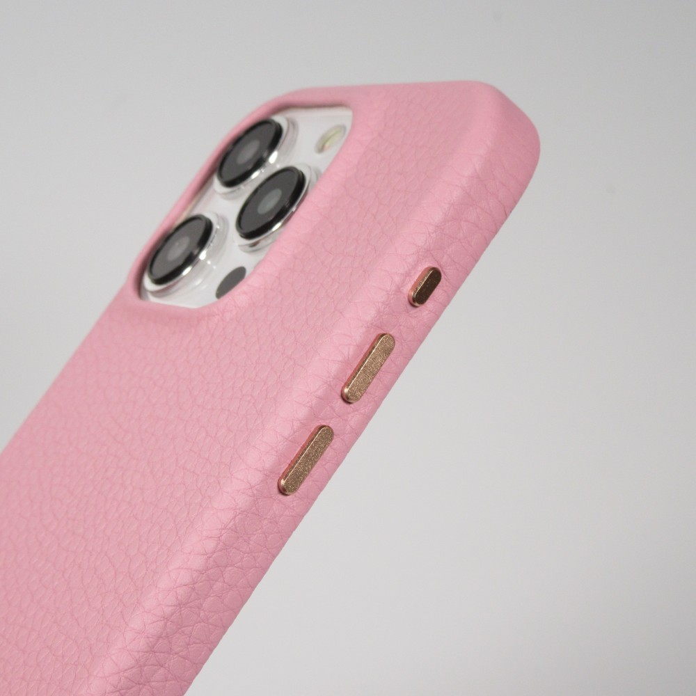 iPhone 14 Pro Max Case H&uuml;lle - Vollst&auml;ndig genarbtes Luxuskalbsleder mit Metallkn&ouml;pfen und MagSafe - Rosa