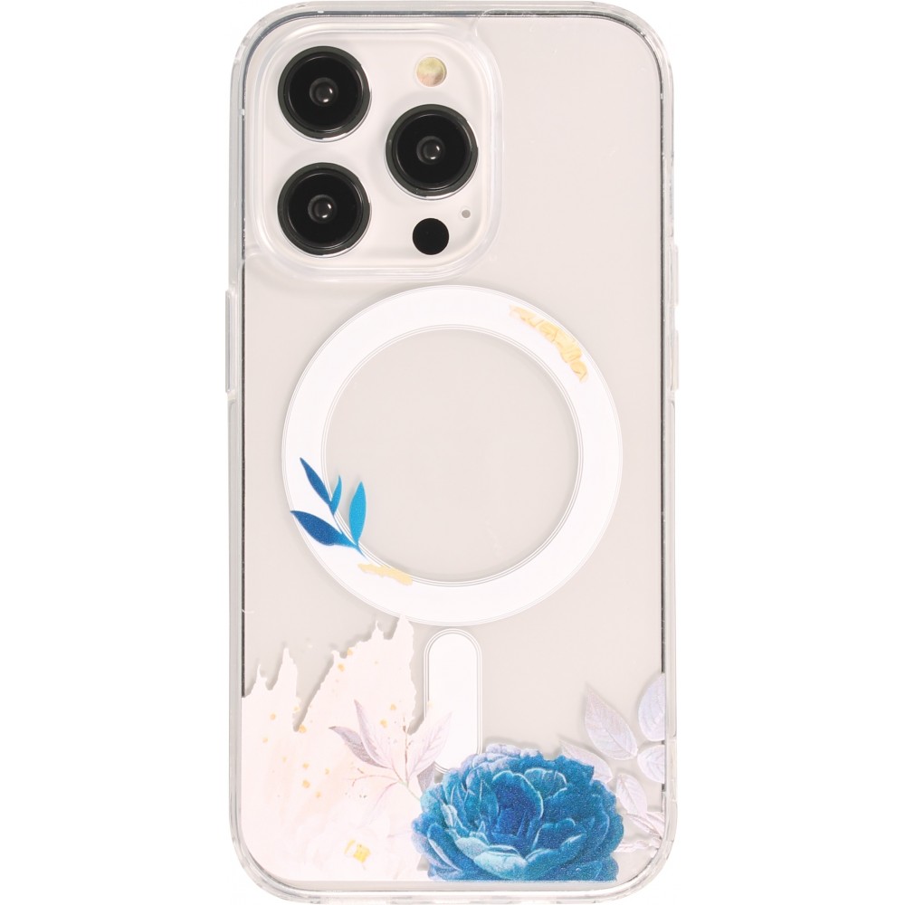 iPhone 14 Pro Case Hülle - Gummi Silikon steif mit MagSafe blaue Rose - Transparent