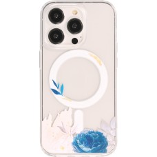 iPhone 14 Pro Case Hülle - Gummi Silikon steif mit MagSafe blaue Rose - Transparent