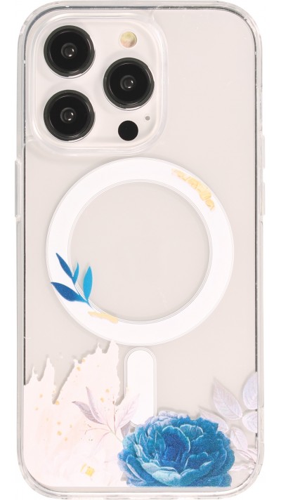 iPhone 16 Pro Max Case Hülle - Gummi Silikon steif mit MagSafe blaue Rose - Transparent
