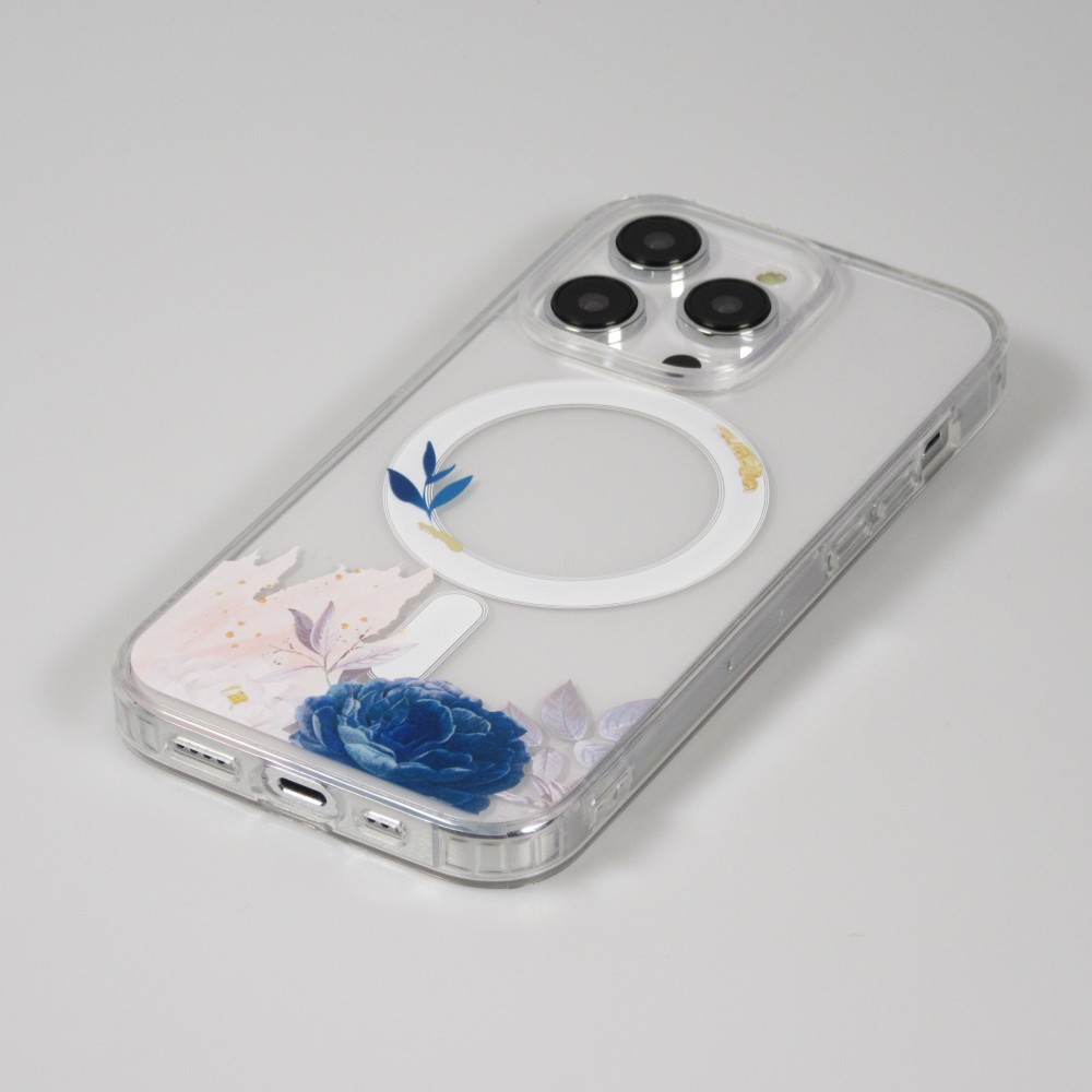 iPhone 14 Pro Case Hülle - Gummi Silikon steif mit MagSafe blaue Rose - Transparent