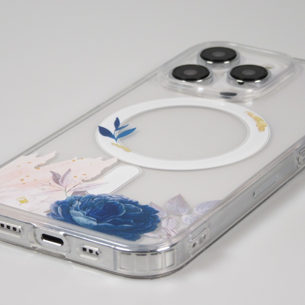 iPhone 14 Pro Case Hülle - Gummi Silikon steif mit MagSafe blaue Rose - Transparent