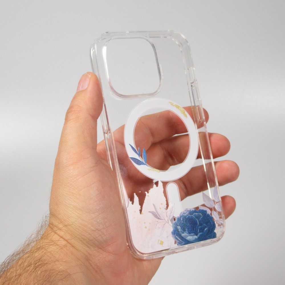 iPhone 14 Pro Case Hülle - Gummi Silikon steif mit MagSafe blaue Rose - Transparent