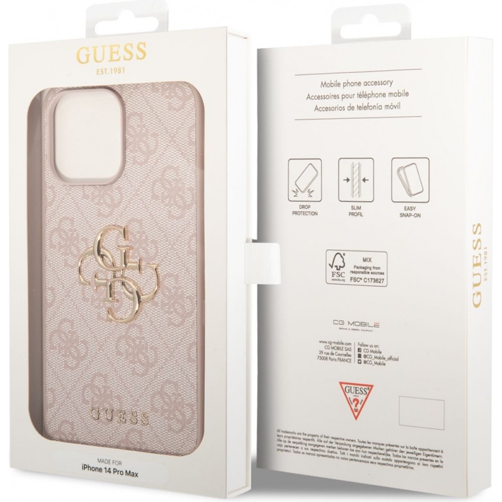 iPhone 14 Pro Max Case H&uuml;lle - Guess PU 4G mit Metall-Logo - Rosa