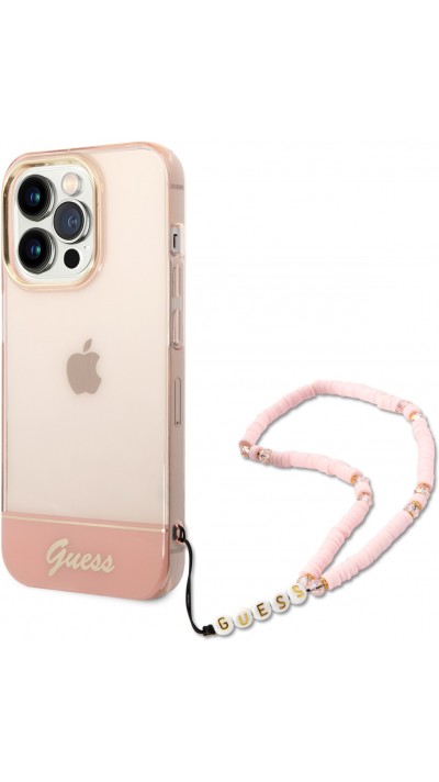 iPhone 14 Pro Max Case Hülle - Guess transparentes rosafarbenes Gel mit goldenem Logo und abnehmbarem Perlenriemen - Hellrosa
