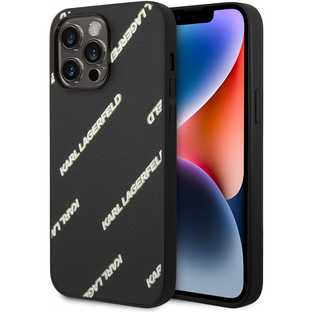 iPhone 14 Pro Max Case Hülle - Karl Lagerfeld genarbtes Kunstleder mit wiederholtem Logoaufdruck - Schwarz
