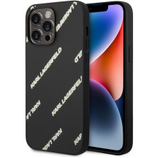 iPhone 14 Pro Max Case Hülle - Karl Lagerfeld genarbtes Kunstleder mit wiederholtem Logoaufdruck - Schwarz