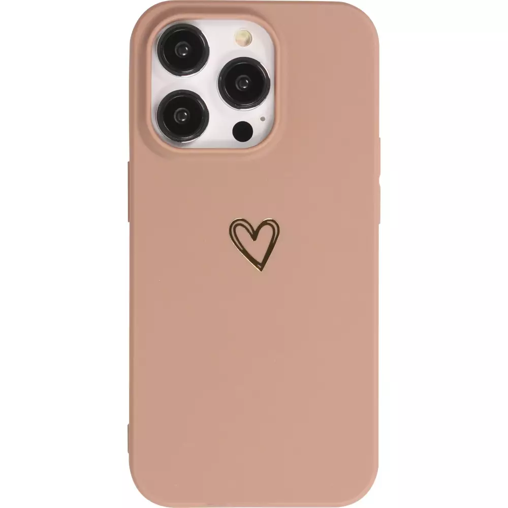 Coque iPhone 16 Pro - Silicone mat dessin cœur doré - Brun