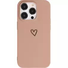 Coque iPhone 16 Pro - Silicone mat dessin cœur doré - Brun