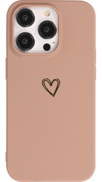 iPhone 16 Pro Max Case Hülle - Silikon matt Herzdesign gold - Braun
