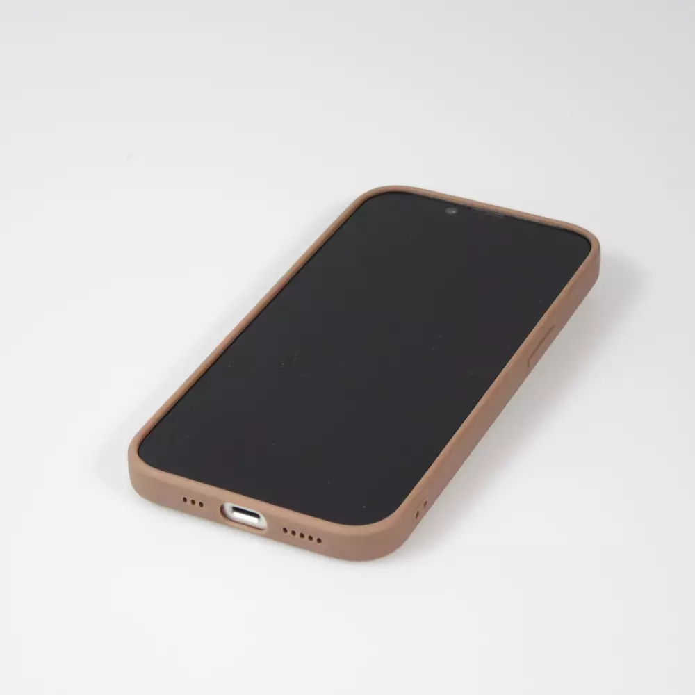 Coque iPhone 16 Pro - Silicone mat dessin cœur doré - Brun
