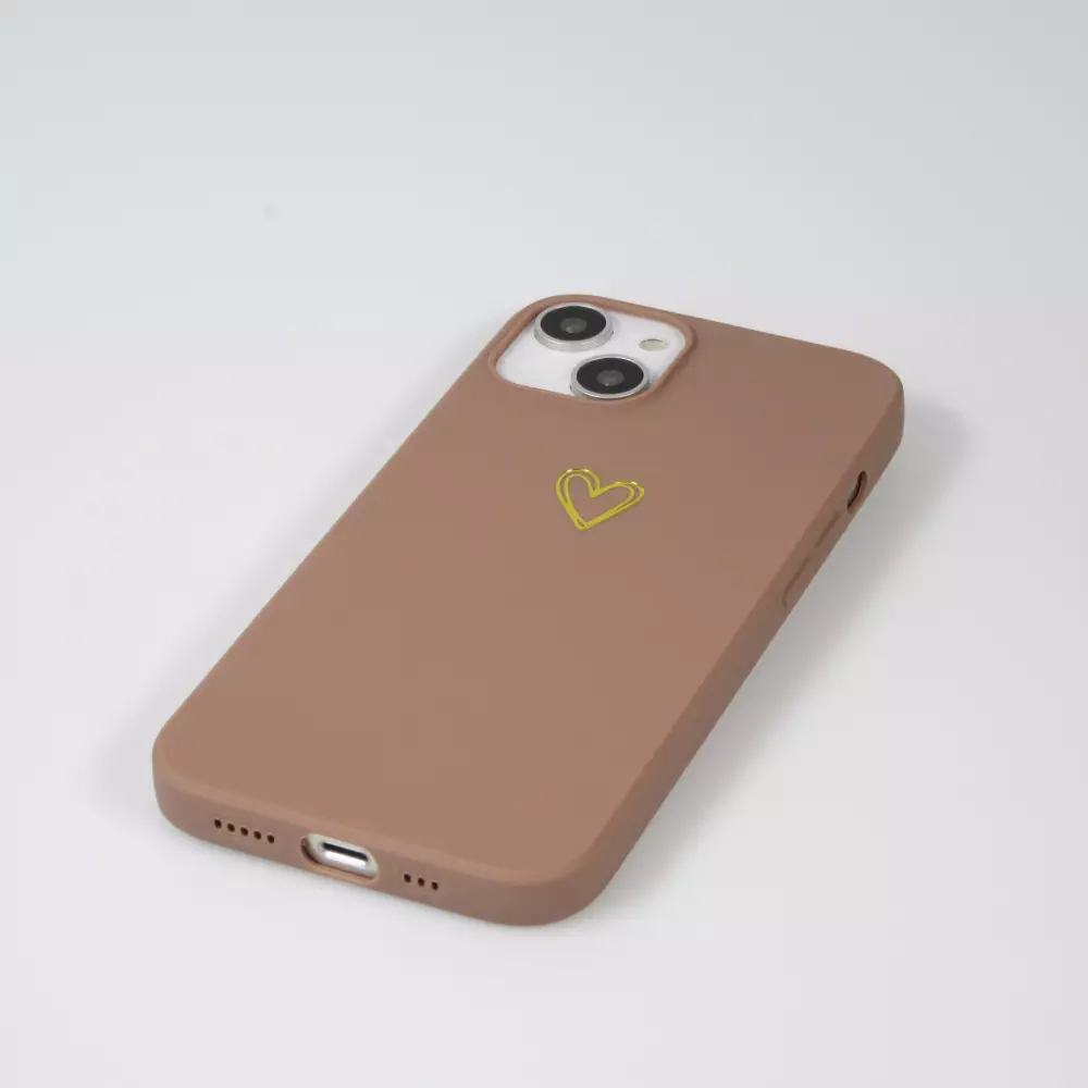 Coque iPhone 16 Pro - Silicone mat dessin cœur doré - Brun