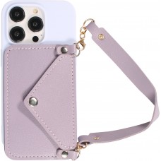 iPhone 14 Pro Max Case Hülle - Soft-Touch-Silikon mit Karten- oder Geldfach aus Leder und integriertem Lanyard - Hellviolett