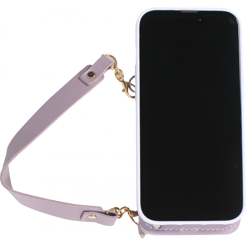 iPhone 14 Pro Max Case Hülle - Soft-Touch-Silikon mit Karten- oder Geldfach aus Leder und integriertem Lanyard - Hellviolett