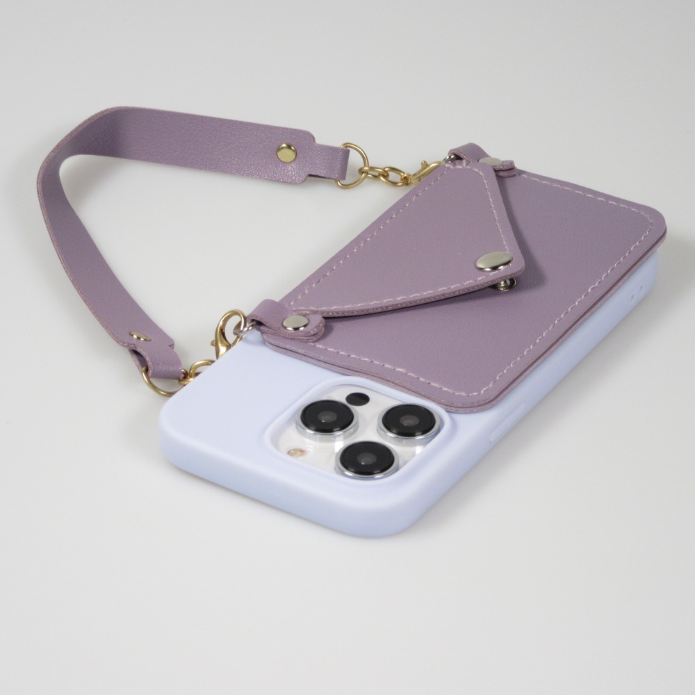 iPhone 14 Pro Max Case Hülle - Soft-Touch-Silikon mit Karten- oder Geldfach aus Leder und integriertem Lanyard - Hellviolett