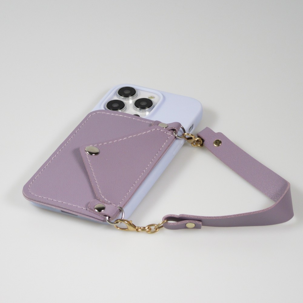 iPhone 14 Pro Max Case Hülle - Soft-Touch-Silikon mit Karten- oder Geldfach aus Leder und integriertem Lanyard - Hellviolett