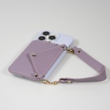 iPhone 14 Pro Max Case Hülle - Soft-Touch-Silikon mit Karten- oder Geldfach aus Leder und integriertem Lanyard - Hellviolett