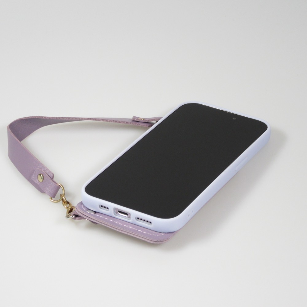 iPhone 14 Pro Max Case Hülle - Soft-Touch-Silikon mit Karten- oder Geldfach aus Leder und integriertem Lanyard - Hellviolett