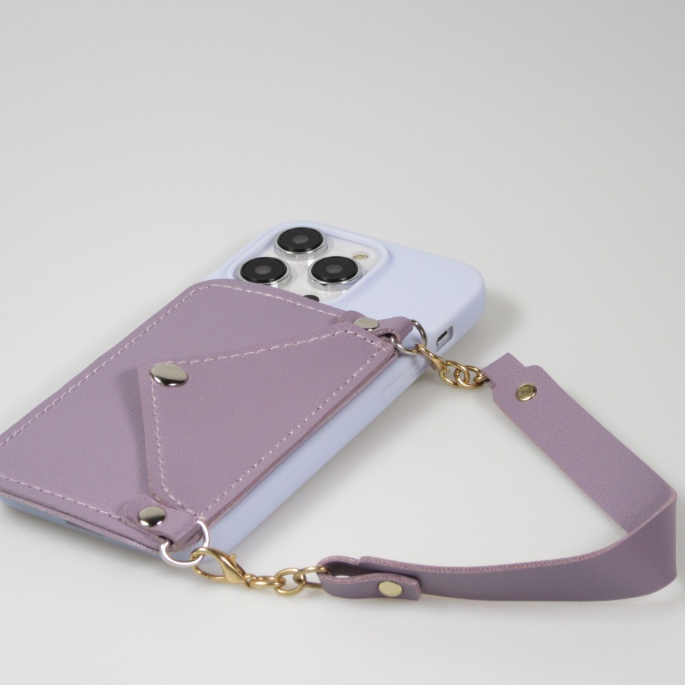 iPhone 14 Pro Max Case Hülle - Soft-Touch-Silikon mit Karten- oder Geldfach aus Leder und integriertem Lanyard - Hellviolett