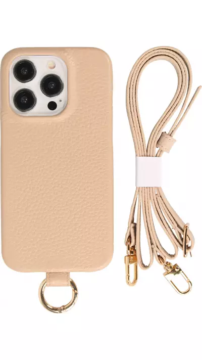 iPhone 15 Pro Max Case H&uuml;lle - Premium Luxus Echtleder mit verstell- und abnehmbarem Lederriemen + MagSafe - Beige