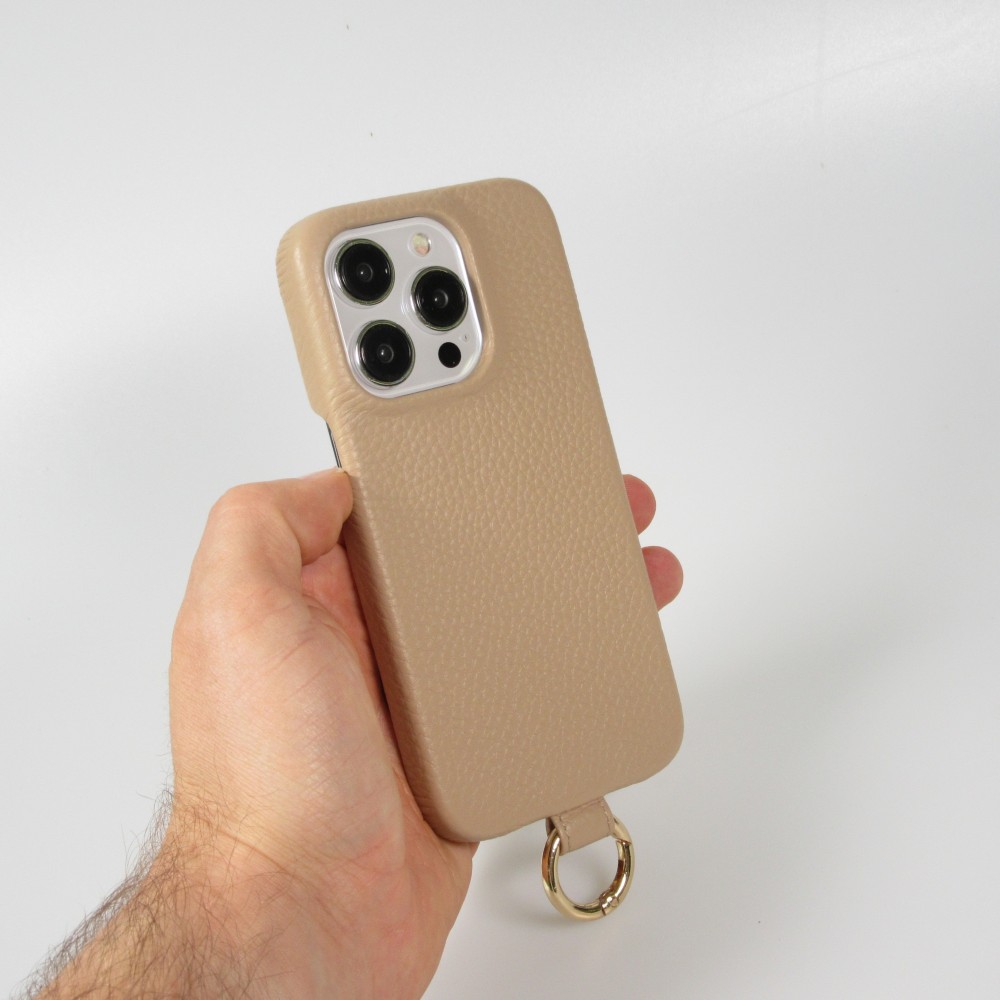 iPhone 14 Pro Case H&uuml;lle - Premium Luxus Echtleder mit verstell- und abnehmbarem Lederriemen + MagSafe - Beige