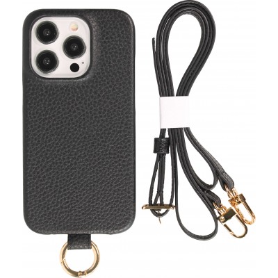iPhone 14 Pro Case H&uuml;lle - Premium Luxus Echtleder mit verstell- und abnehmbarem Lederriemen + MagSafe - Schwarz