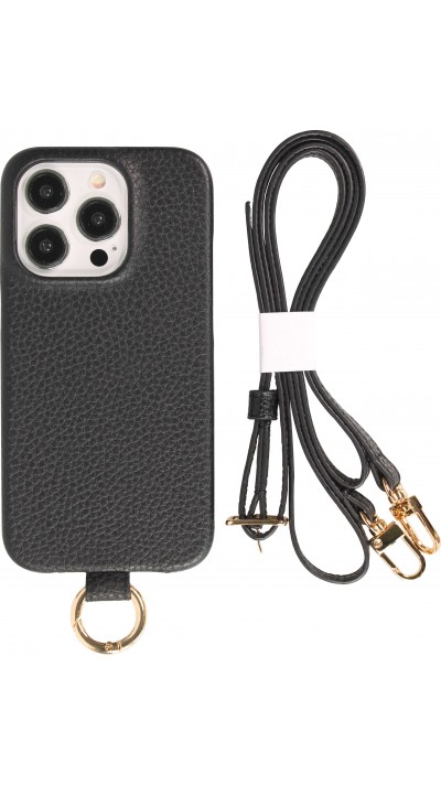 iPhone 15 Pro Max Case Hülle - Premium Luxus Echtleder mit verstell- und abnehmbarem Lederriemen + MagSafe - Schwarz