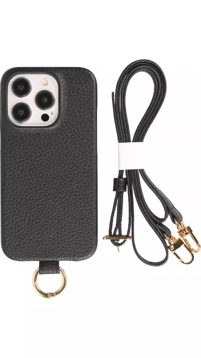 iPhone 15 Pro Max Case H&uuml;lle - Premium Luxus Echtleder mit verstell- und abnehmbarem Lederriemen + MagSafe - Schwarz