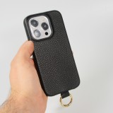 iPhone 14 Pro Case H&uuml;lle - Premium Luxus Echtleder mit verstell- und abnehmbarem Lederriemen + MagSafe - Schwarz