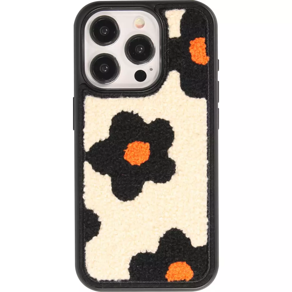Coque iPhone 14 Pro Max - Silicone avec surface tufting effet fleur - Noir