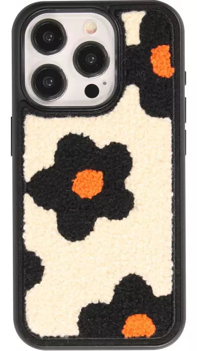 iPhone 15 Pro Max Case H&uuml;lle - Silikon mit Tufting Oberfl&auml;che Effekt Flower - Schwarz