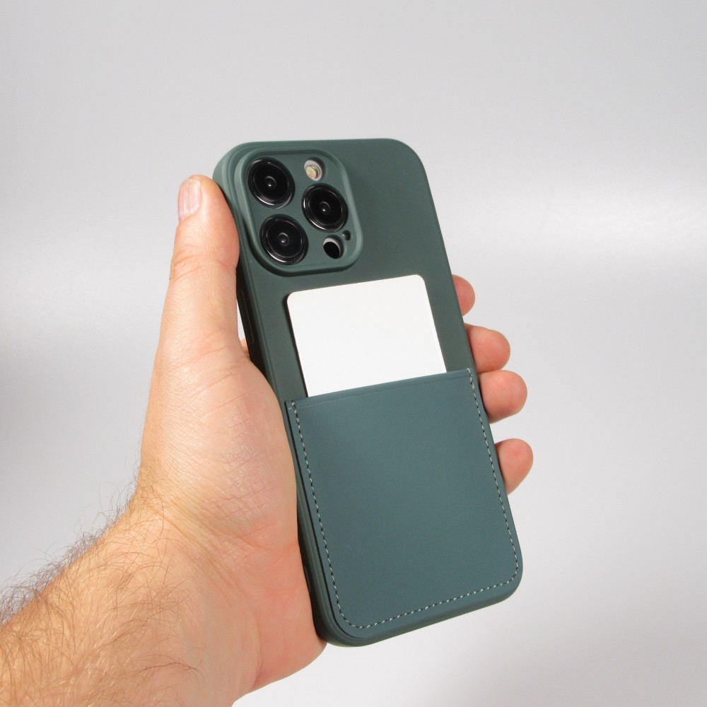 iPhone 14 Pro Case Hülle - Glattes Silikon mit Kartenfach & extra Kameraschutz - Dunkelgrün