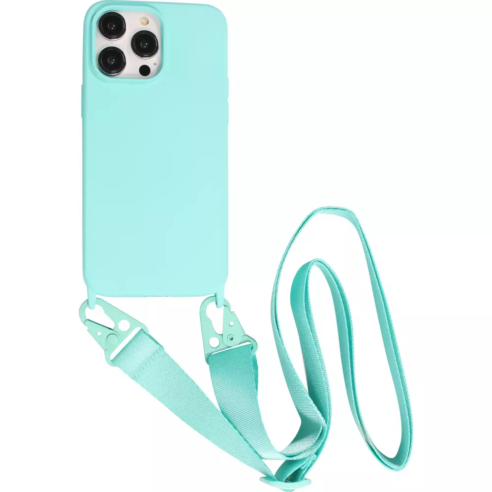 Coque iPhone 14 Pro Max - Silicone mat avec lanière et mousqueton en fer - Bleu clair