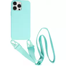 Coque iPhone 14 Pro Max - Silicone mat avec lanière et mousqueton en fer - Bleu clair