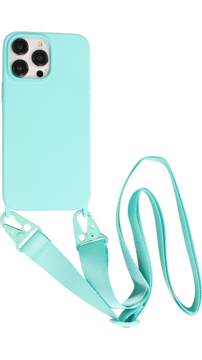 Coque iPhone 14 Pro Max - Silicone mat avec lanière et mousqueton en fer - Bleu clair