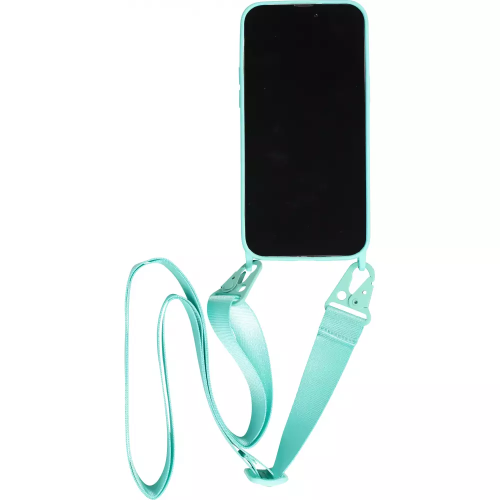 Coque iPhone 14 Pro Max - Silicone mat avec lanière et mousqueton en fer - Bleu clair