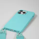 Coque iPhone 14 Pro Max - Silicone mat avec lanière et mousqueton en fer - Bleu clair