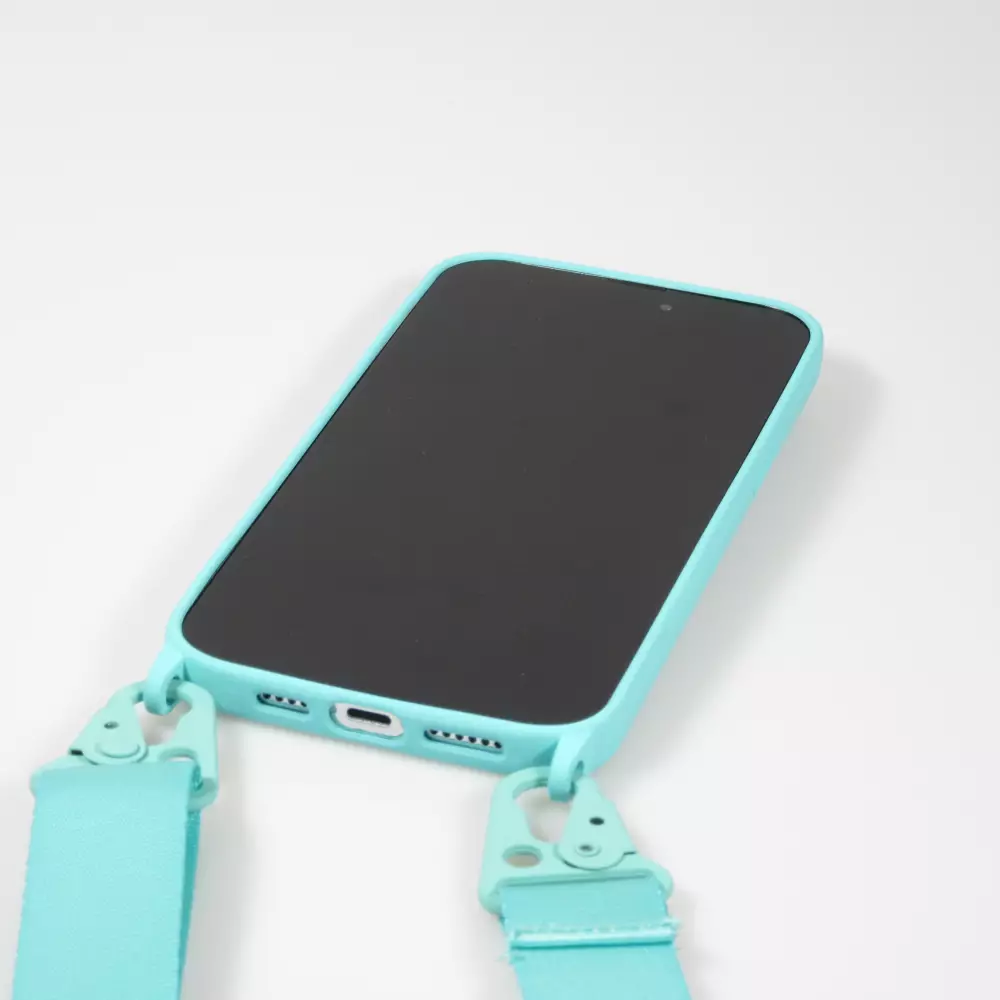 Coque iPhone 14 Pro Max - Silicone mat avec lanière et mousqueton en fer - Bleu clair
