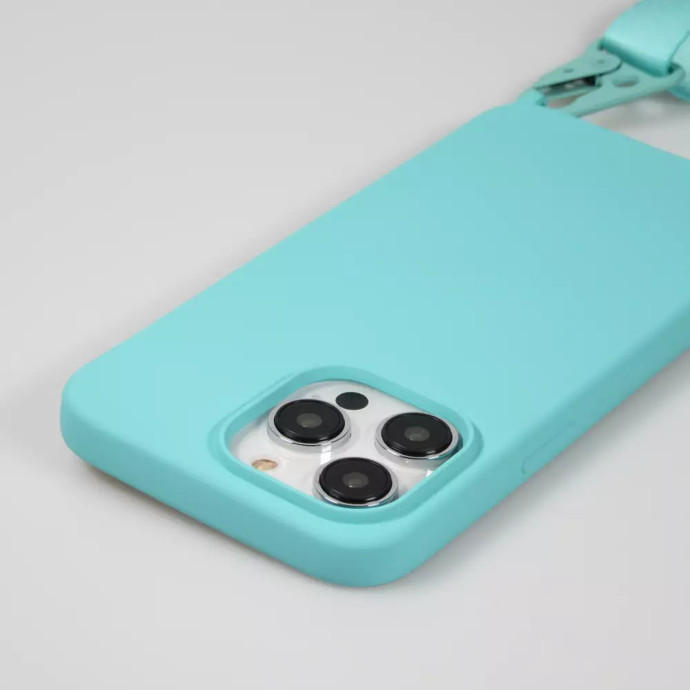Coque iPhone 14 Pro Max - Silicone mat avec lanière et mousqueton en fer - Bleu clair