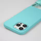 Coque iPhone 14 Pro Max - Silicone mat avec lanière et mousqueton en fer - Bleu clair