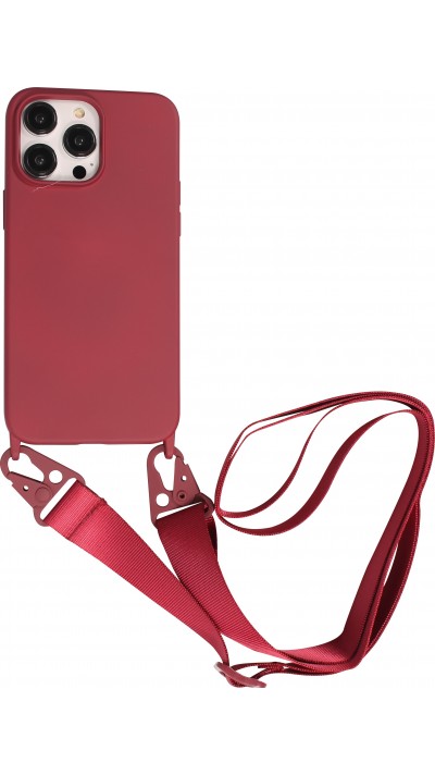 iPhone 14 Pro Case Hülle - Silikon matt mit Trageschlaufe und Metall Karabiner - Burgundi