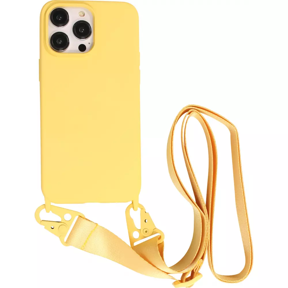 Coque iPhone 14 Pro Max - Silicone mat avec lanière et mousqueton en fer - Jaune