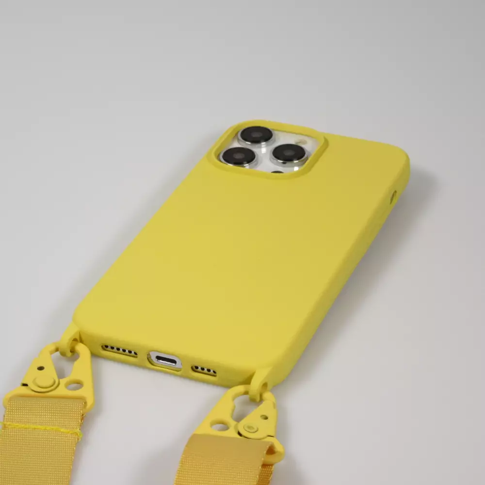 Coque iPhone 14 Pro Max - Silicone mat avec lanière et mousqueton en fer - Jaune