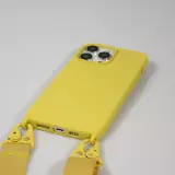 Coque iPhone 14 Pro Max - Silicone mat avec lanière et mousqueton en fer - Jaune
