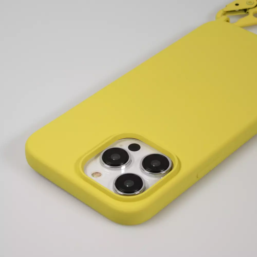 Coque iPhone 14 Pro Max - Silicone mat avec lanière et mousqueton en fer - Jaune
